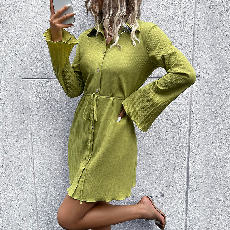 Solid Color Lapel Single Breasted Long Sleeve Shirtdress Wholesale Dresses