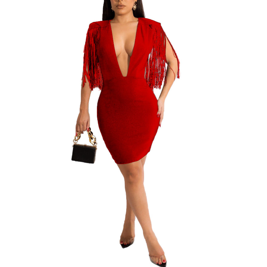 Deep-V Sexy Tassel Sleeve Bodycon Dress Wholesale Dresses