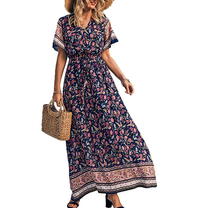 Printed Resort Casual Short Sleeve Boho Swing Maxi Dresses Wholesale Bohemian Dress For Women