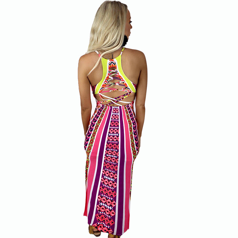 Women Wholesale Clothing Digital Printing Split Sexy Halter Strap Dress