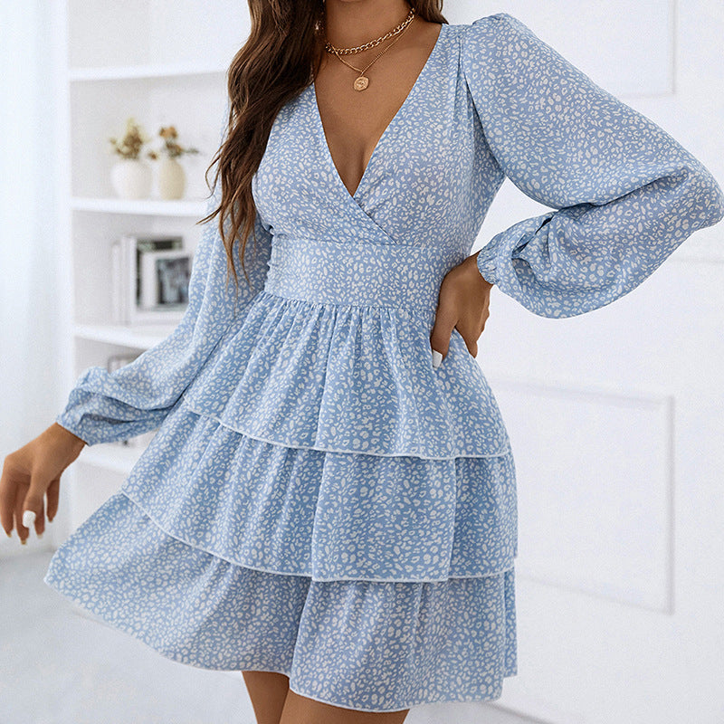 V-Neck Nipped Waist Puff Sleeve Cake Dress Wholesale Dresses