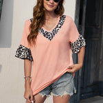 Casual Loose Leopard Print Ruffled V-Neck Womens T Shirts Wholesale