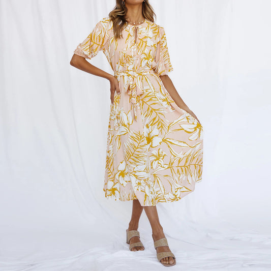 Bubble Sleeve Floral Print Women Wholesale Flare Dresses With Belt