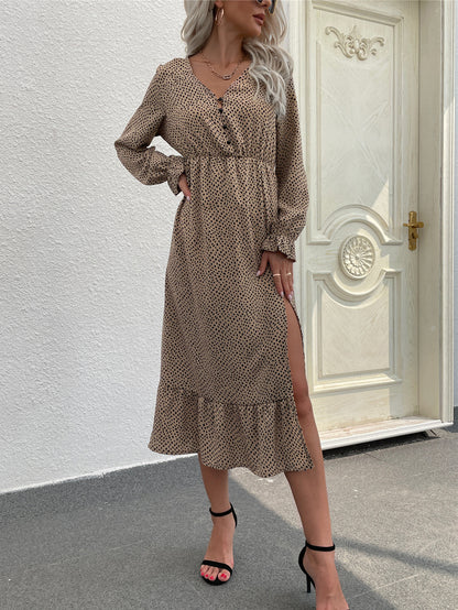 Leopard Print Long Sleeve V Neck Slit Ruffle Dress Casual Wholesale Dresses