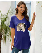 Cartoon Cat Print Short Sleeve V Neck Wholesale T-shirts Summer