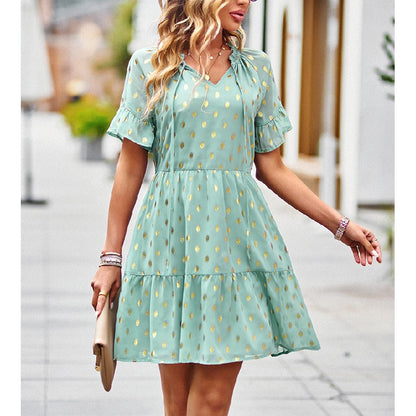 Polka Dot Print Casual Tie-Up Ruffle Short Swing Dress Wholesale Dresses