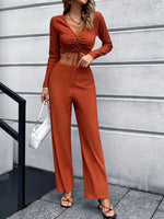 Wholesale Womens 2 Piece Sets Solid Color Sexy V Neck Long Sleeve Drawstring Crop Tops & Pants