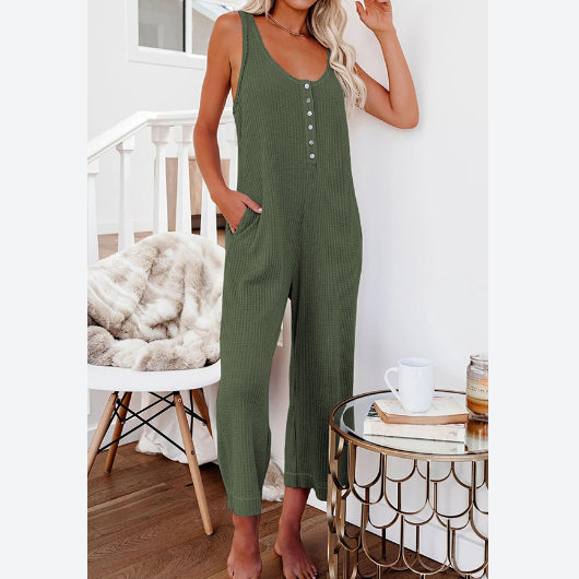 Plain Color Sleeveless U Neck Button Wholesale Jumpsuits With Pockets For Women Summer