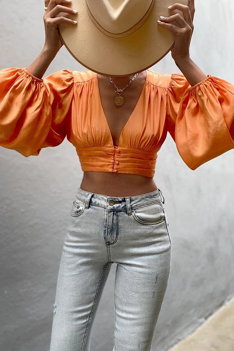 Temperament Fashion Sexy V-Neck Long-Sleeved Back Tie Crop Tops Wholesale Women Tops