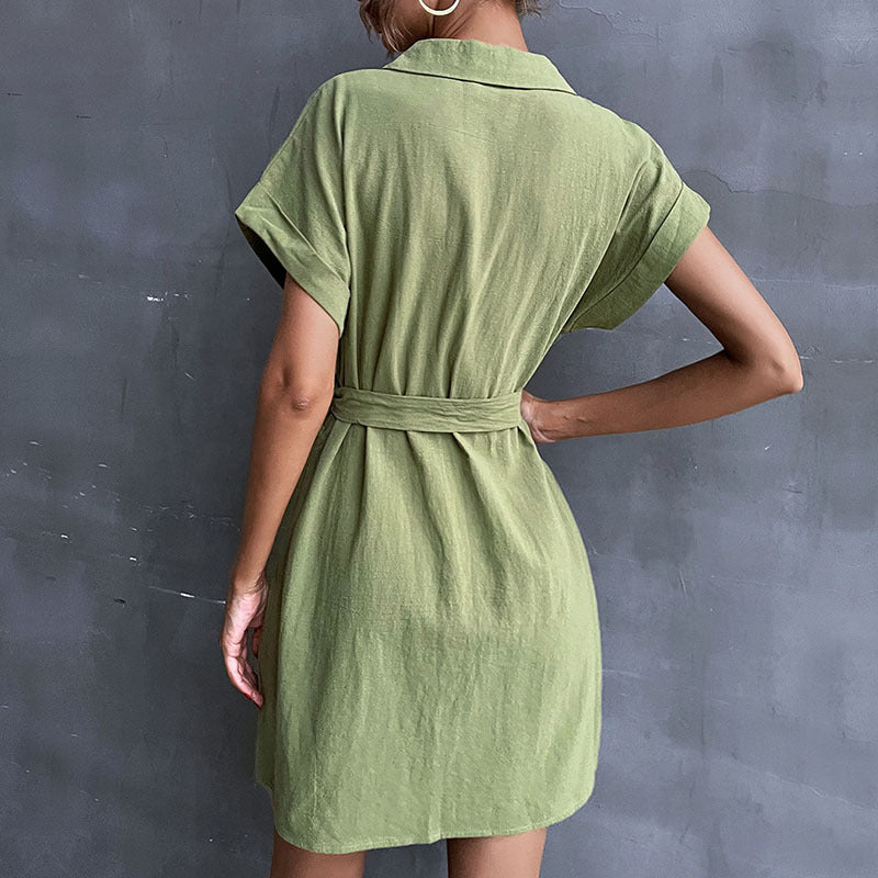 Lapel Short Sleeve Cotton And Linen Shirt Dress Wholesale