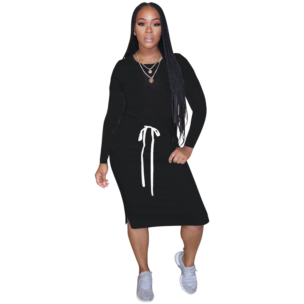 Simple Solid Color Long Sleeve Slit Design Casual Dresses Womens T Shirt Dress Wholesale