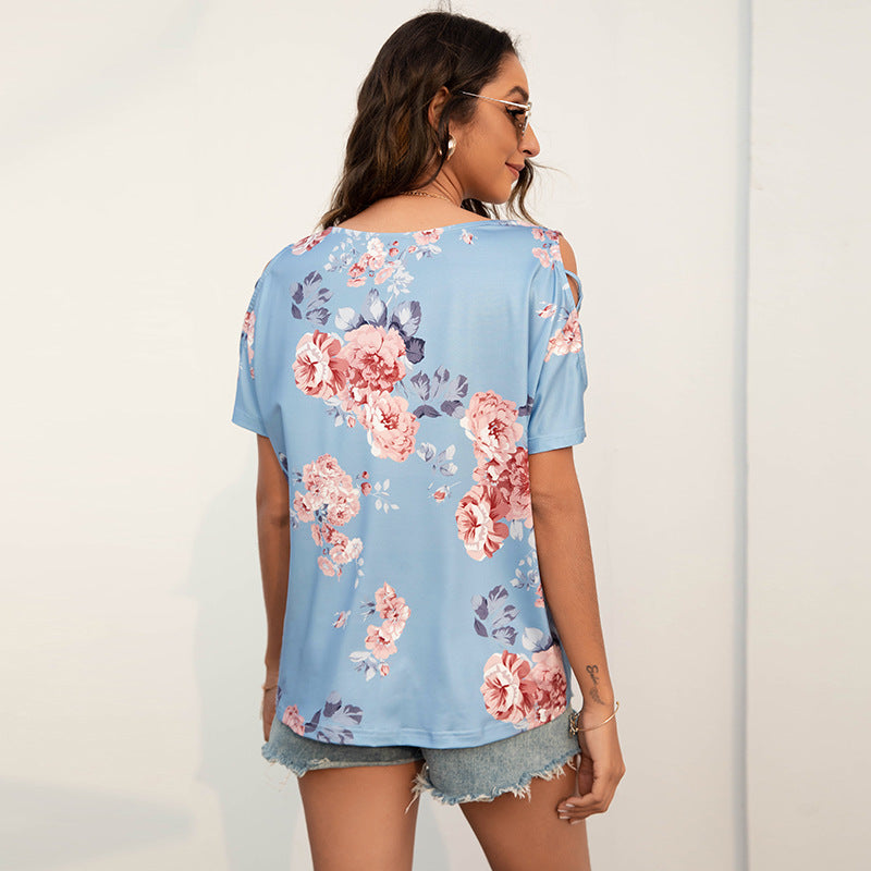 Round Neck Floral Print Crossover Short Sleeve Fashion Womens Tops Casual Wholesale T-Shirts