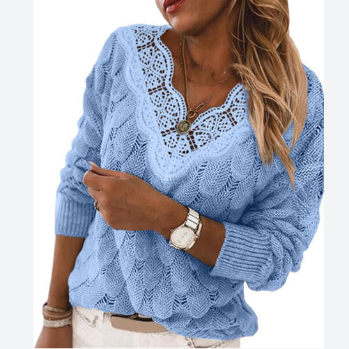 Solid Color Trendy V Neck Long Sleeve Knit Lace Womens Tops Wholesale Sweater Vendors Casual