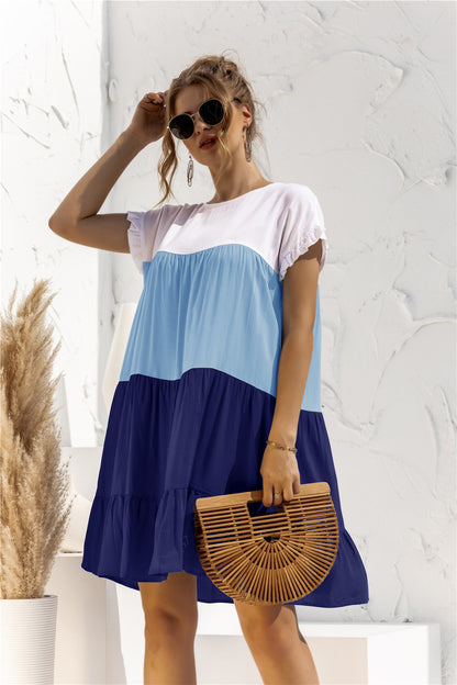 Round Neck Colorblock Ruffles Short Sleeve Loose Smocked Dresses Casual T Shirt Dress Wholesale