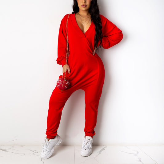 Casual Loose Solid Color Pocket Deep V Long-Sleeved Jumpsuit Wholesale Women'S Clothing