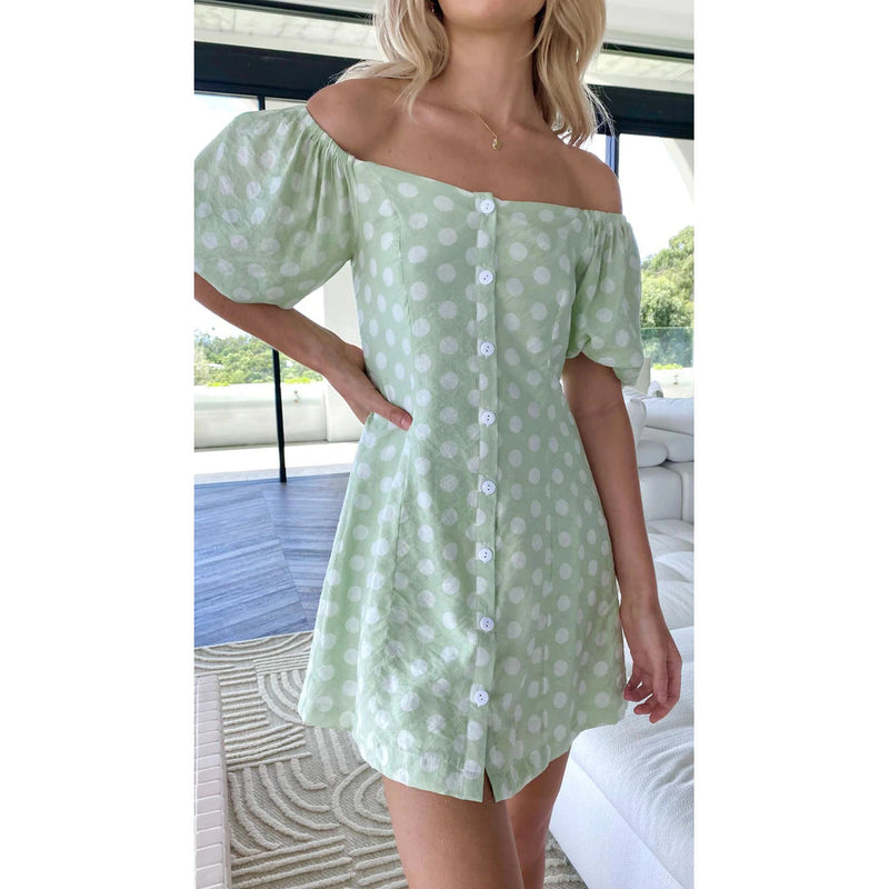 Polka Dot Print Square Neck Puff Sleeve Single-Breasted Casual A-Line Dress Vintage Wholesale Dresses