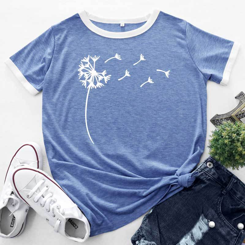 Fashion Patchwork Contrast Dandelion Print Tops Short Sleeve Womens T Shirts Wholesale