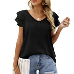 Solid Color V-Neck Double Ruffle Sleeve Loose Women'S Top Casual Wholesale T Shirts