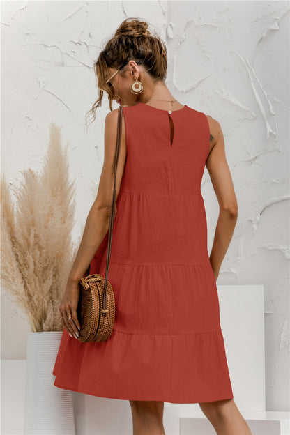 Solid Color Simple Round Neck Sleeveless Loose Swing Tank Dress Casual Wholesale Dresses