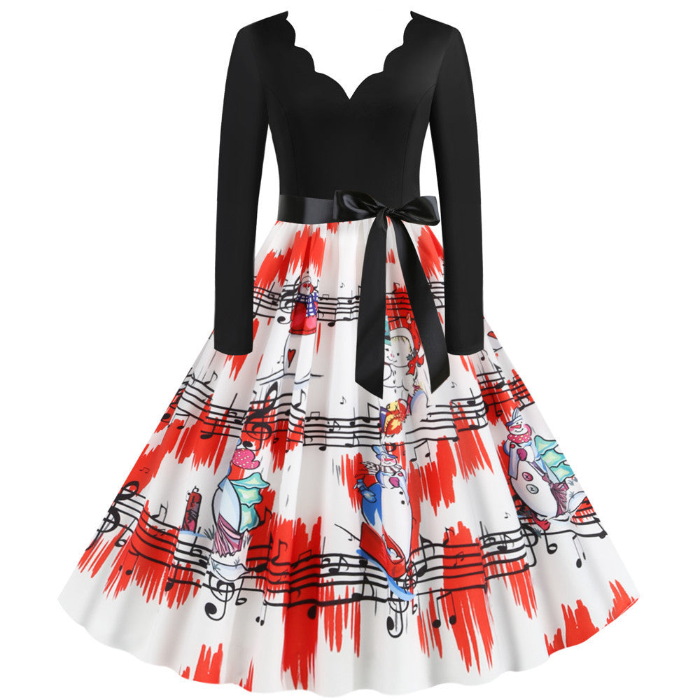 Christmas Retro V-Neck Print Big Swing Dress