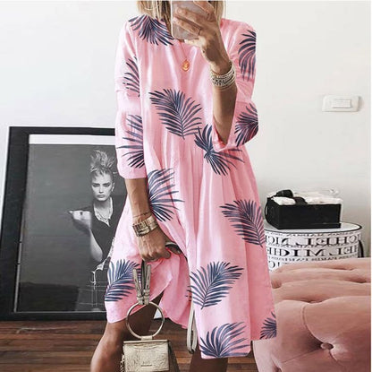 Fashion Print Cotton & Linen Round Neck Seven-Quarter Sleeves Loose Dress Casual Wholesale Dresses SD531710