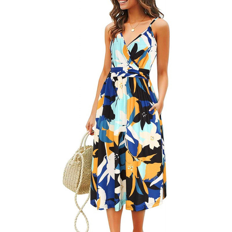 V Neck Trendy Printed Sundresses Sling Swing Dress Beach Vacation Wholesale Dresses