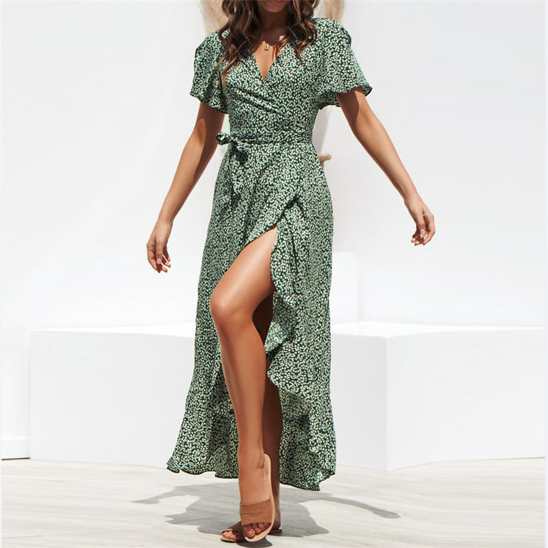 Polka Dot Print V-Neck Irregular Slit Vacation Lace-Up Chiffon Ruffle Dress Sexy Wholesale Dresses