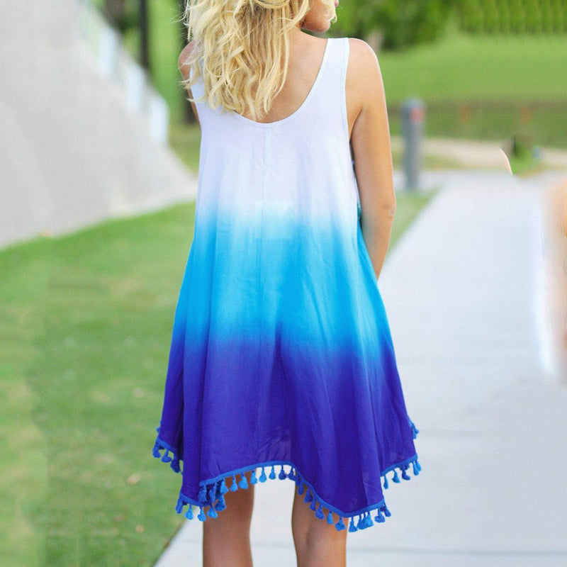 Trendy Gradient Blue Print Fringed Sleeveless Casual Loose Tank Dress Wholesale Bohemian Dress For Women