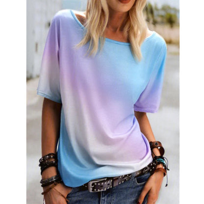 Round Neck Rainbow Gradient Print Short Sleeve Loose Womens Tops Casual Wholesale T Shirts