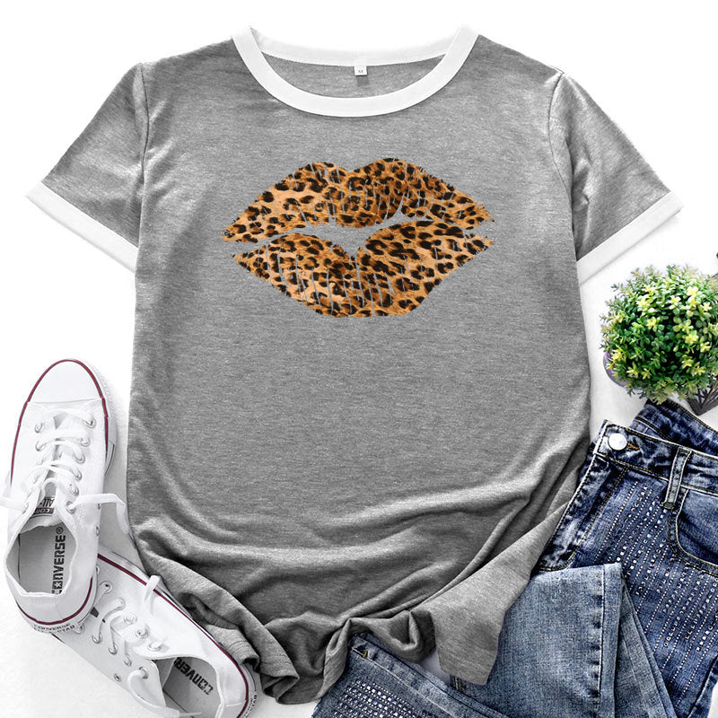 Patchwork Contrast Lip Leopard Print Tops Loose Short Sleeve Crew Neck Womens T Shirts Wholesale