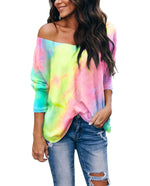 Tie-Dye Print Long Sleeve V-Neck Loose Women Tops Wholesale T Shirts Casual