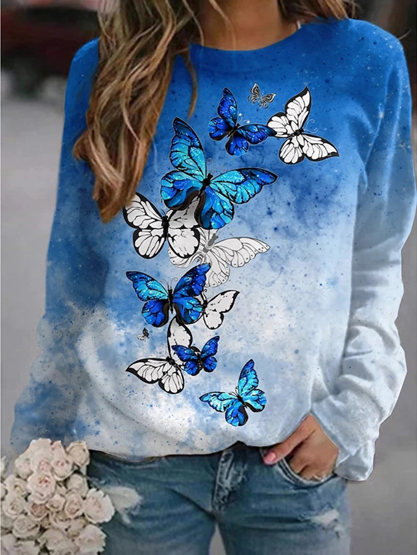 Wholesale Woman Crew Neck Sweatshirt With Floral Butterfly Animal Print