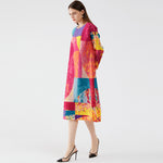 Painted Colorblock Loose Full Sleeve O-Neck Miidi Dress