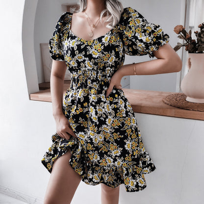 Floral Printed Square Neck Puff Sleeve Casual Ruffles Wholesale Dresses Retro Casual Dress