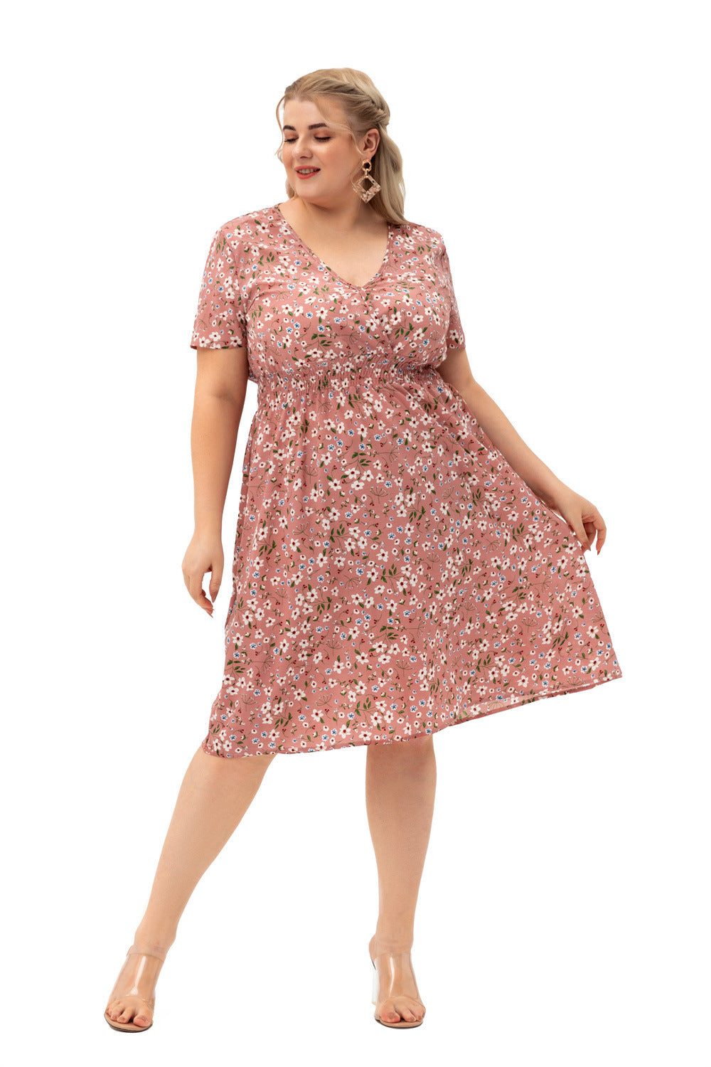 Women Fashion Short Sleeve V Neck Wholesale Plus Size Floral Dresses Summer