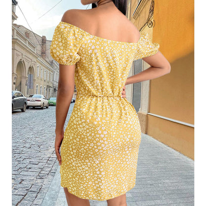 Floral Print Lace Up Summer Retro Midi Dress Chic Puff Sleeve Wholesale Dresses Off Shoulder