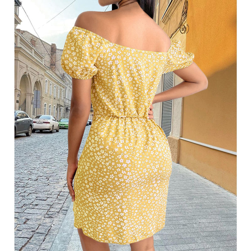 Floral Print Lace Up Summer Retro Midi Dress Chic Puff Sleeve Wholesale Dresses Off Shoulder