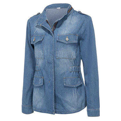 Flap Pockets Elastic Waist Zipper Denim Jackets