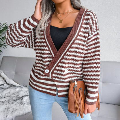 V Neck Striped Long Sleeve Knitted Sweater Wholesale