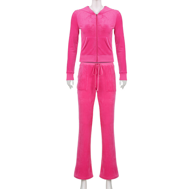 Pure Color Velvet Sports Suit With Zipper Hood Wholesale