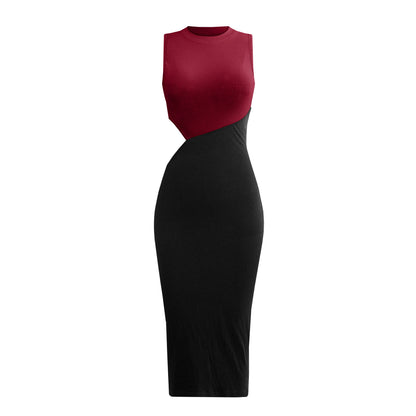 Women Fashion Sleeveless Color Block Rib Knit Wholesale Bodycon Pencil Dresses Hollow Out