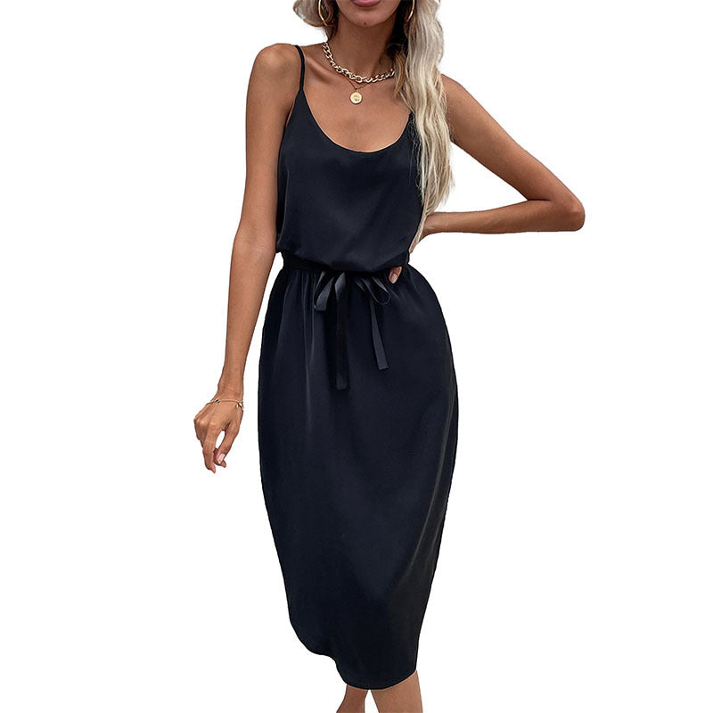 Solid Color Sleeveless Sling V Neck Wholesale Cami Dresses With Belt