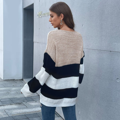 Loose Color Blocking Stripe Knitted Long Sweater