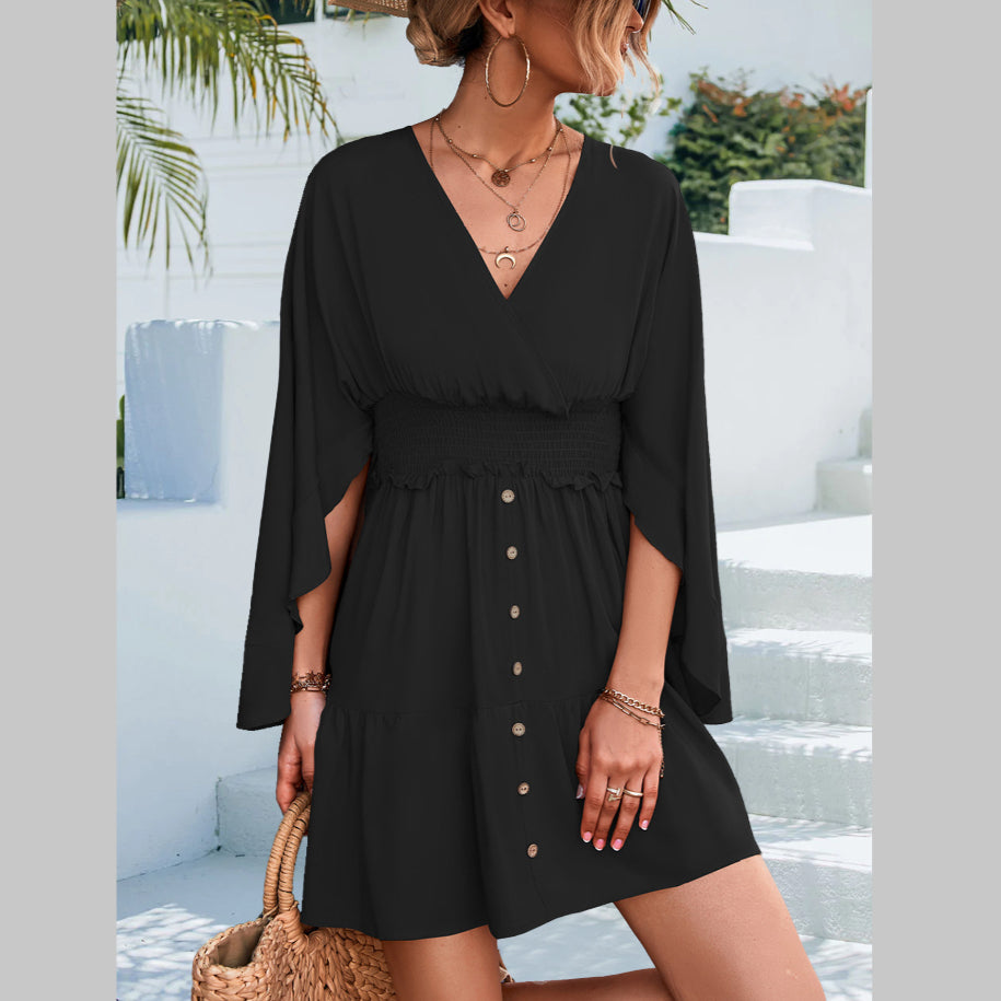 Irregular Sleeve V-Neck Casual Ruffled Dress Wholesale Dresses