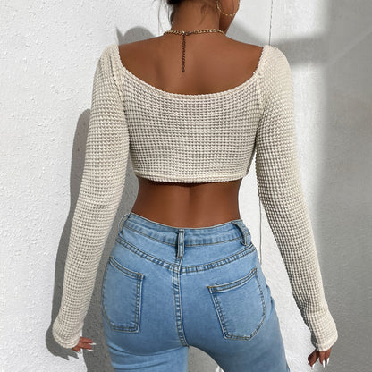 Sexy Wide Neck T-Shirt Hollow Slim Solid Color Long Sleeve Wholesale Crop Tops