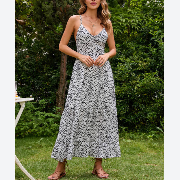 Dot Print Low Cut Lace-Up Slip Swing Dress Wholesale Maxi Dresses