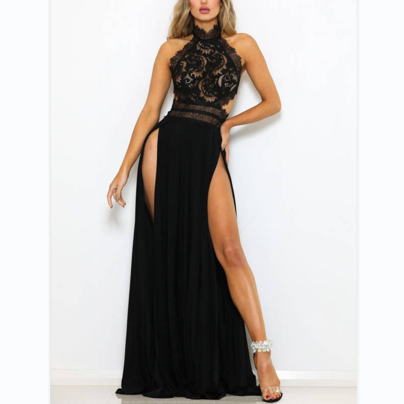 Sexy Nude Back Sleeveless High Slit Sheer Lace Dress Wholesale Maxi Dresses