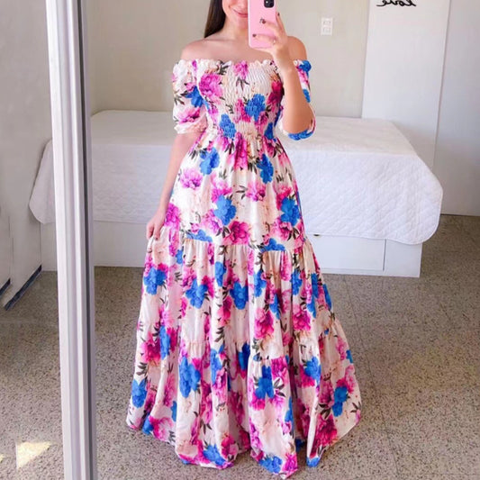 Off Shoulder Trendy Printed Ruffles Swing Smocked Dress Vacation Wholesale Maxi Dresses