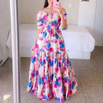 Off Shoulder Trendy Printed Ruffles Swing Smocked Dress Vacation Wholesale Maxi Dresses