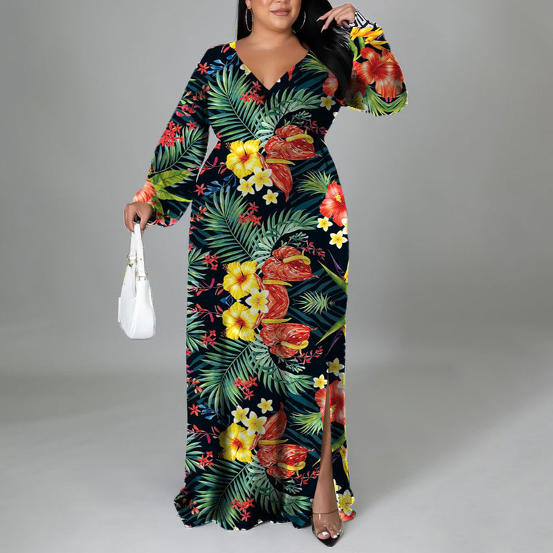 High Waist Floral Print Women Curve Wrap Dress Wholesale Plus Size Maxi Dresses